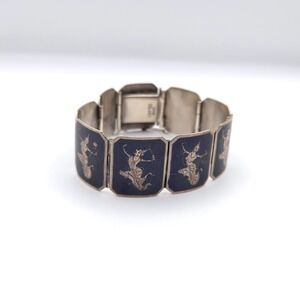 Vintage Siam Sterling‎ Silver Niello Black Enamel Thai Dancer Panel Bracelet
